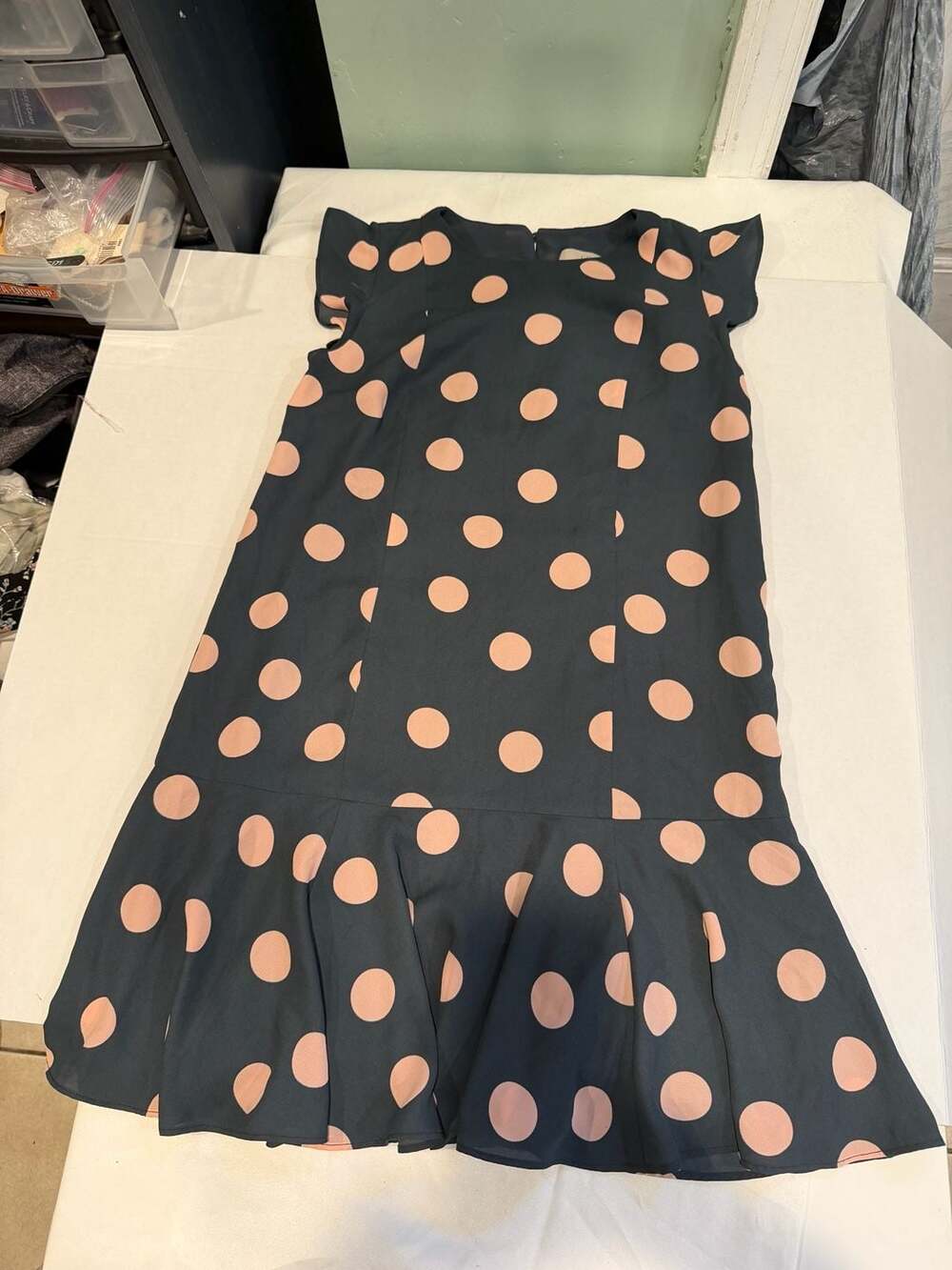 LOFT Petites Blue and Pink Polka Dot Flutter Sleeve Dress